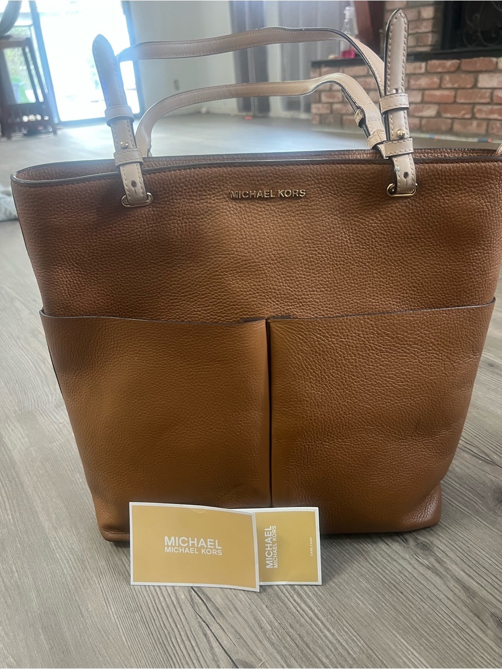 Michael Kors Tan Leather Laptop Tote with Front Pockets